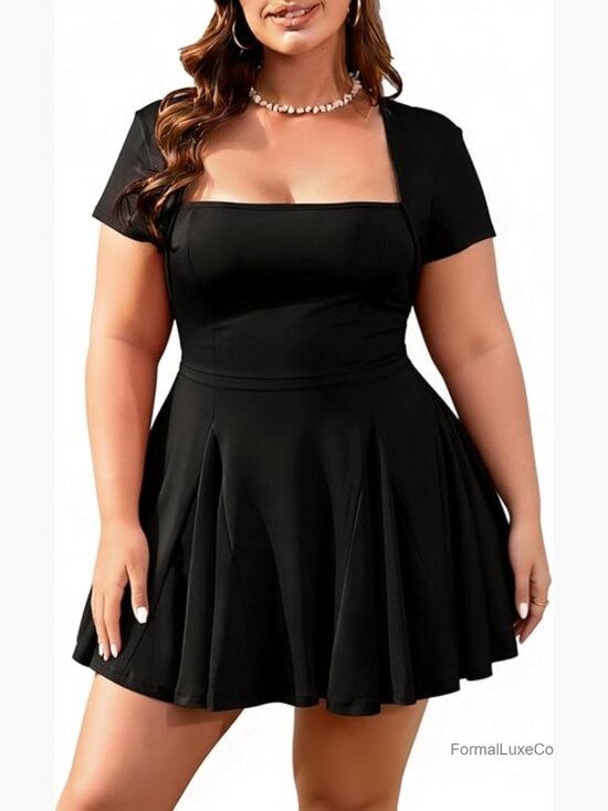 Dresses & Skirts - Plus Size A-Line Mini Dress Square Neck Short Sleeve Ruffle Hem Party